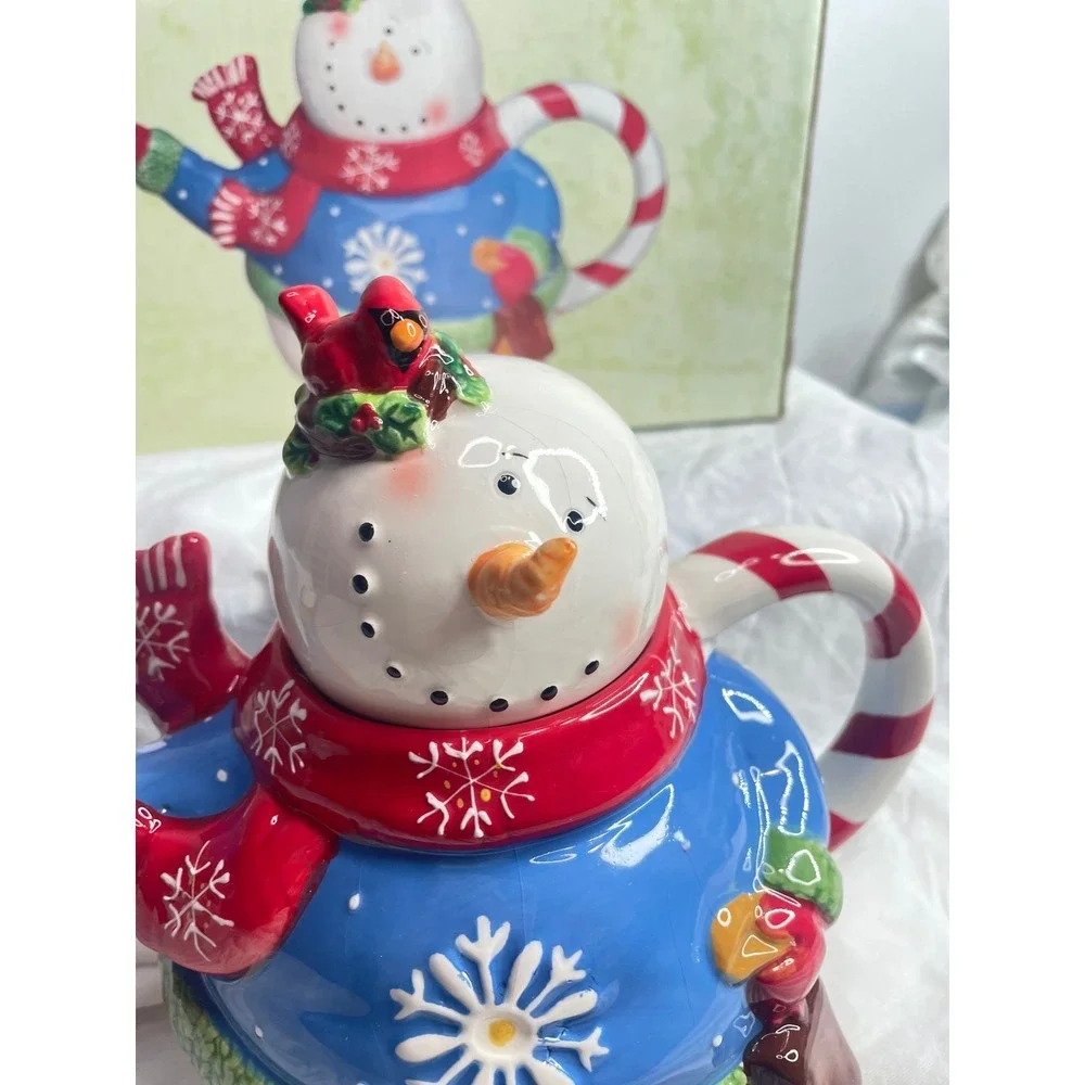 Adorable Snowman Teapot Candy Cane Handle Christmas Holiday Kitchen Decor
